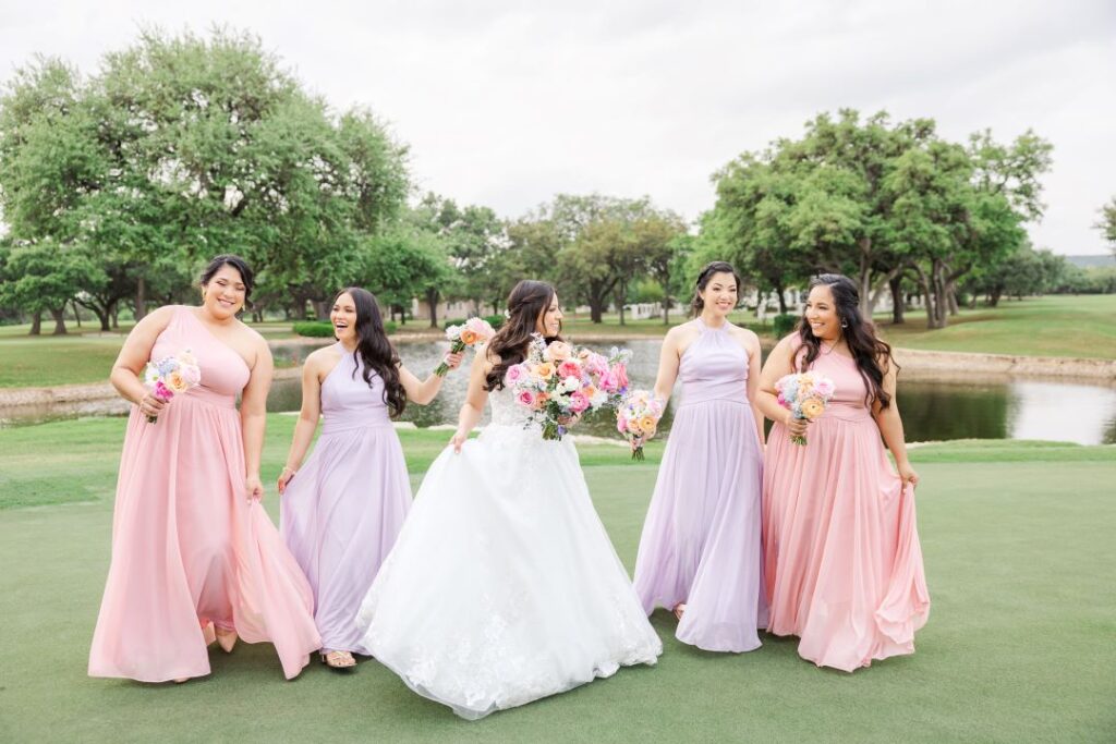 photos with San Antonio bride and bridesmaids during wedding day timeline